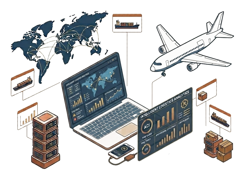 Kheprix logistics illustration — global freight, automation, and connected operations